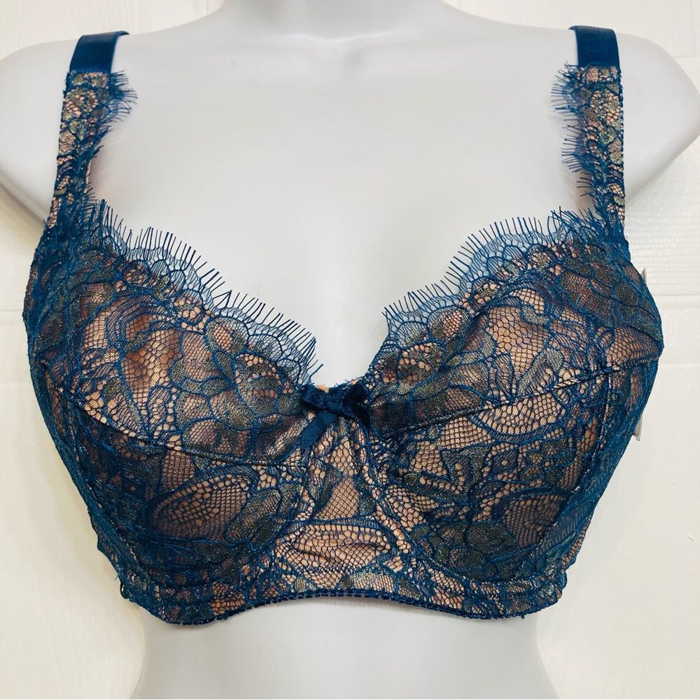 Fredericks of Hollywood Bra 34DD Teal Blue Metallic Lace Voluptuous Lingerie NEW
